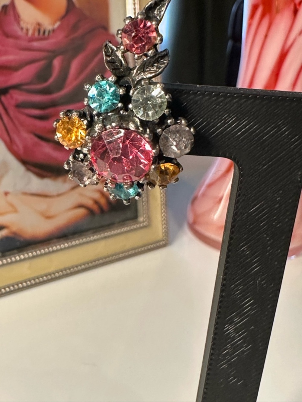 Vintage Coro Rhinestone Earrings Screw Back Multi Color Floral Cluster 1950s - Picture 4 of 16